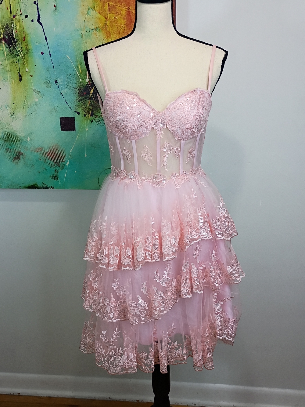 Pink Lace Tiered Tulle Sweetheart Cocktail Corset Dress